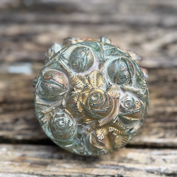 Antique Goofus Glass Vanity Powder Puff Jar Trinket Box Red & Gold Rose - Picture 8 of 9